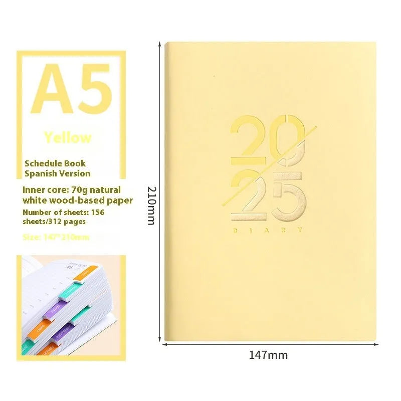 A5 daily planner book with soft faux leather cover in blue colour option showing open pages