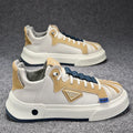 Men's beige low-top sneakers with elastic band closure and mesh lining