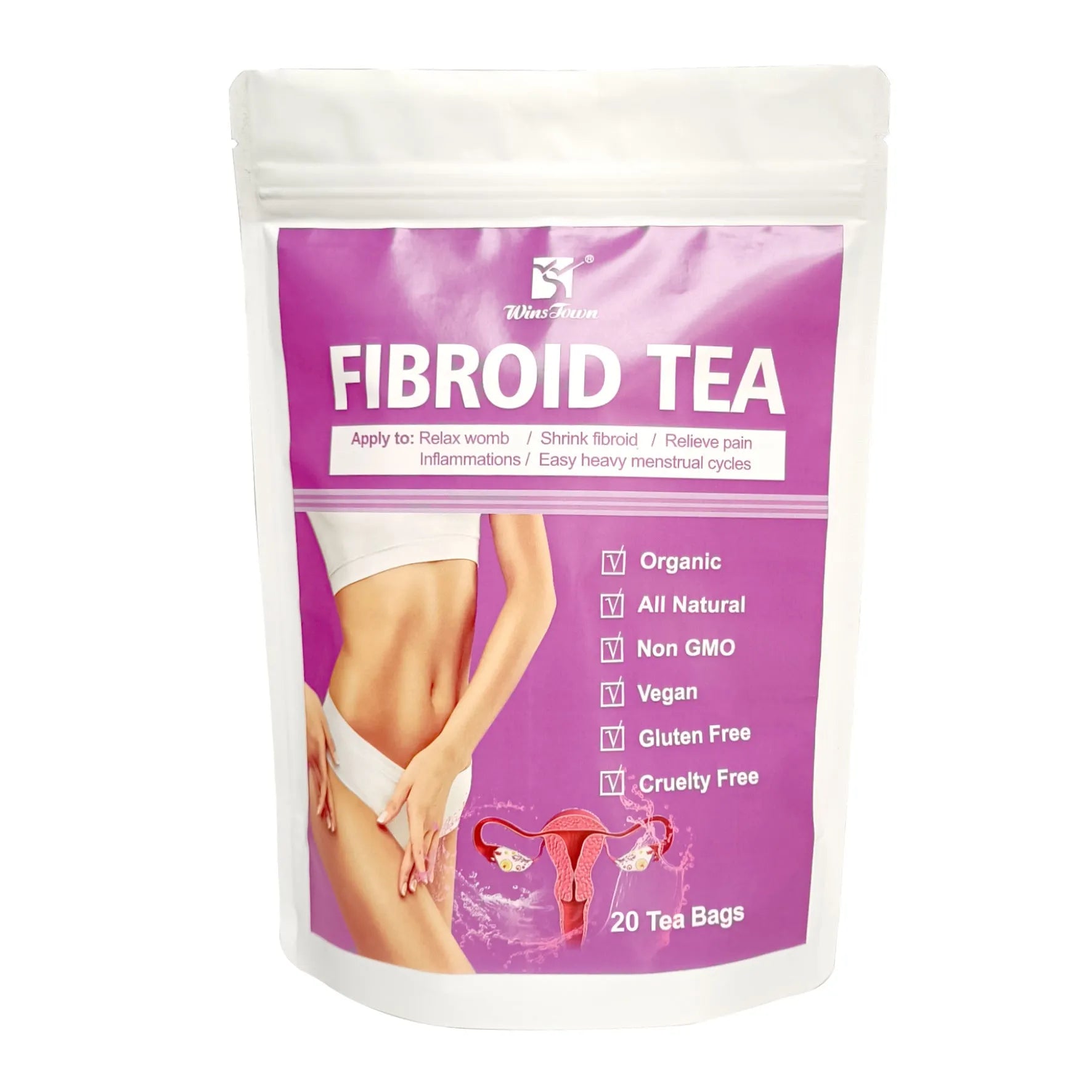 Pack of herbal fibroid tea bags with C83 Winstown packaging specification
