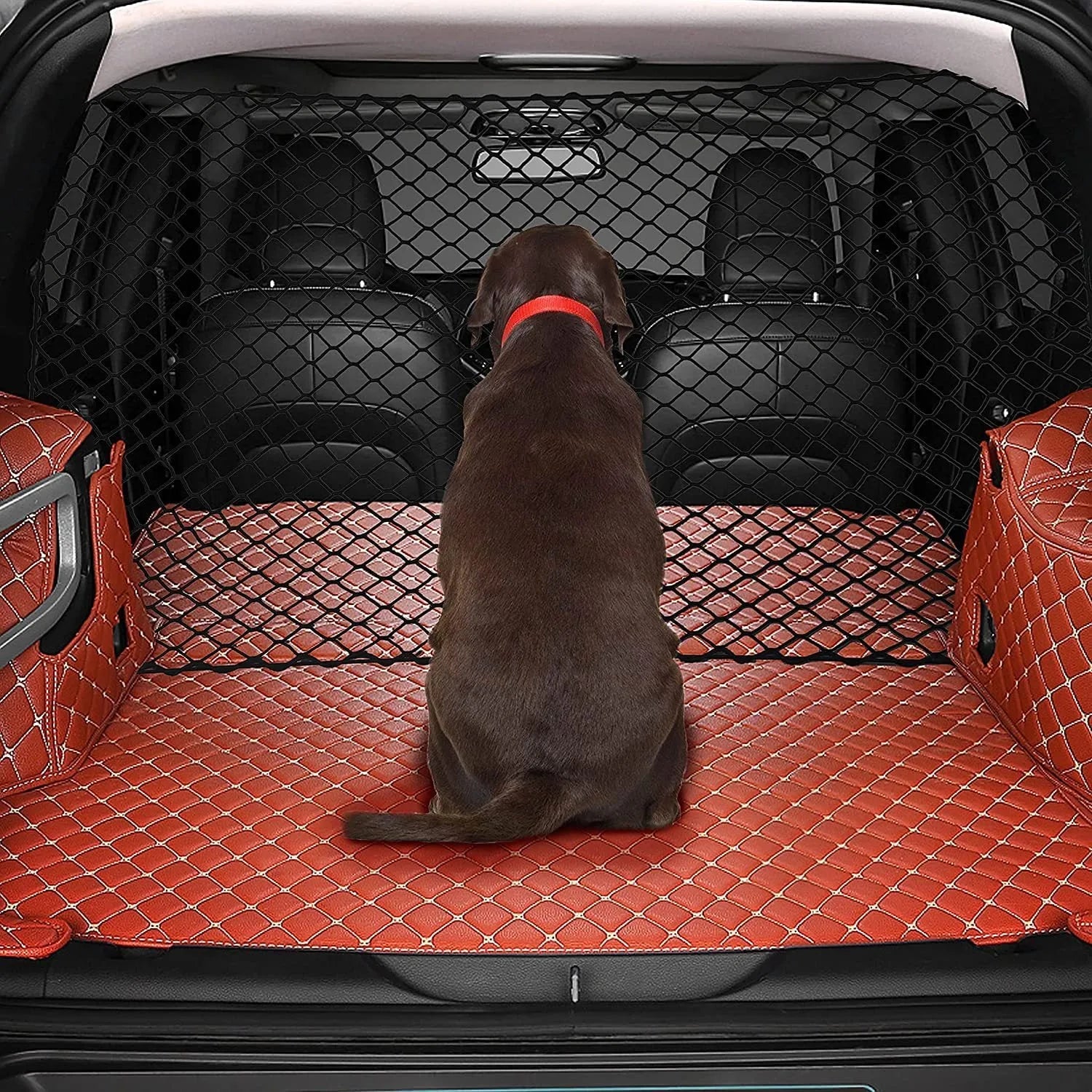 Black mesh dog protective net for car boot, 120cm by 70cm, on white background