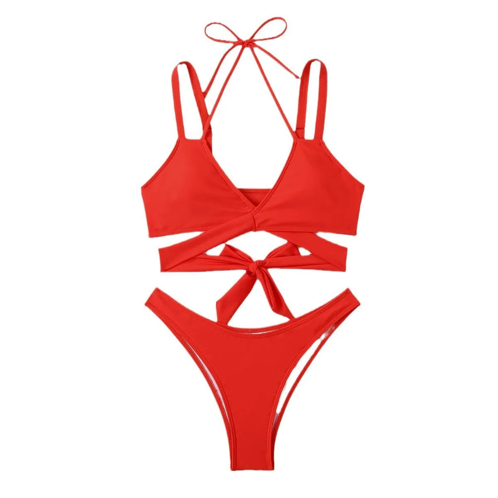 Solid colour women's strap bikini swimsuit on a hanger, shown in one of five colour options.