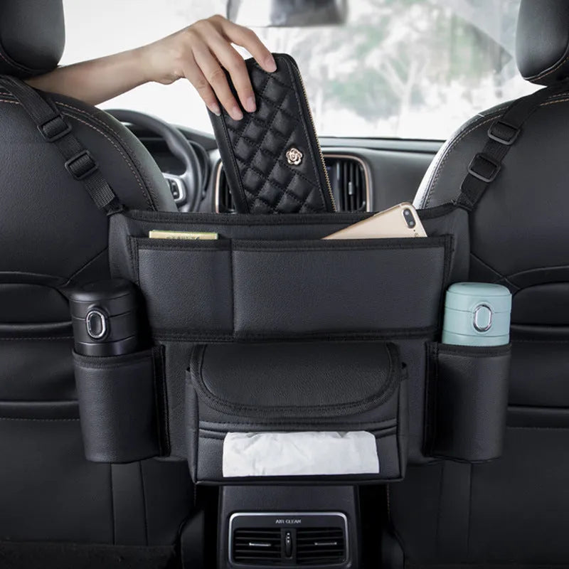 Leather car seat hanging tissue box installed between vehicle seats in black colour