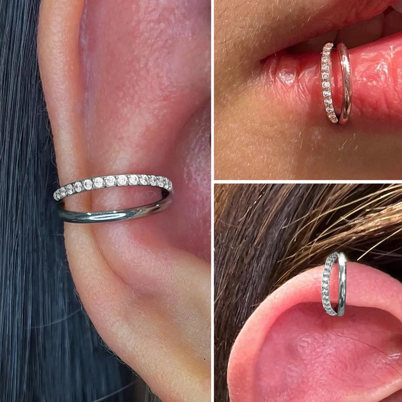 Titanium alloy fork style nose ring on a plain background showing silver, gold, black, and rose gold colour options.