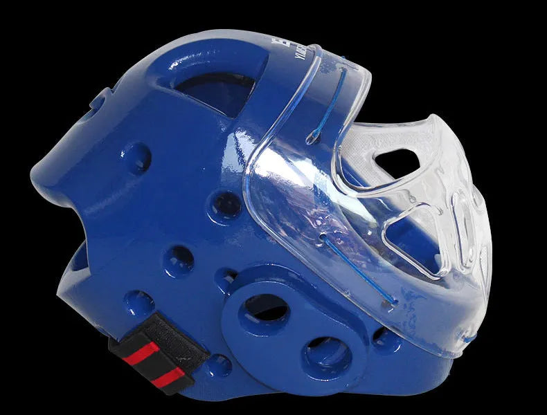 Karate helmet protective equipment in white, blue and red colours with multiple size options