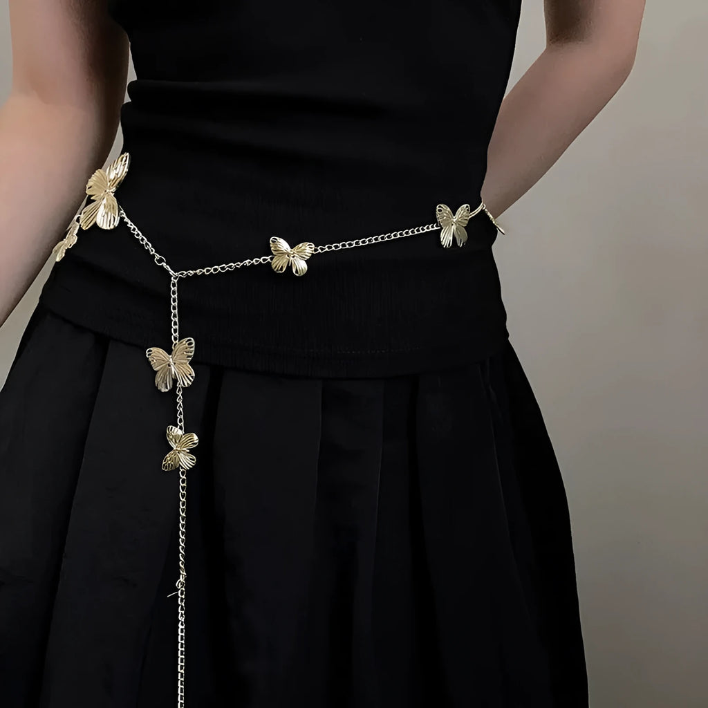 Gold or silver alloy butterfly waist chain showing 40cm decorative section on 104cm length