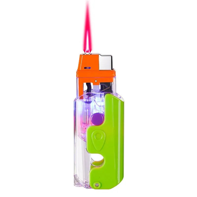 Colourful plastic windproof lighter with bare metal finish in orange, purple or green options