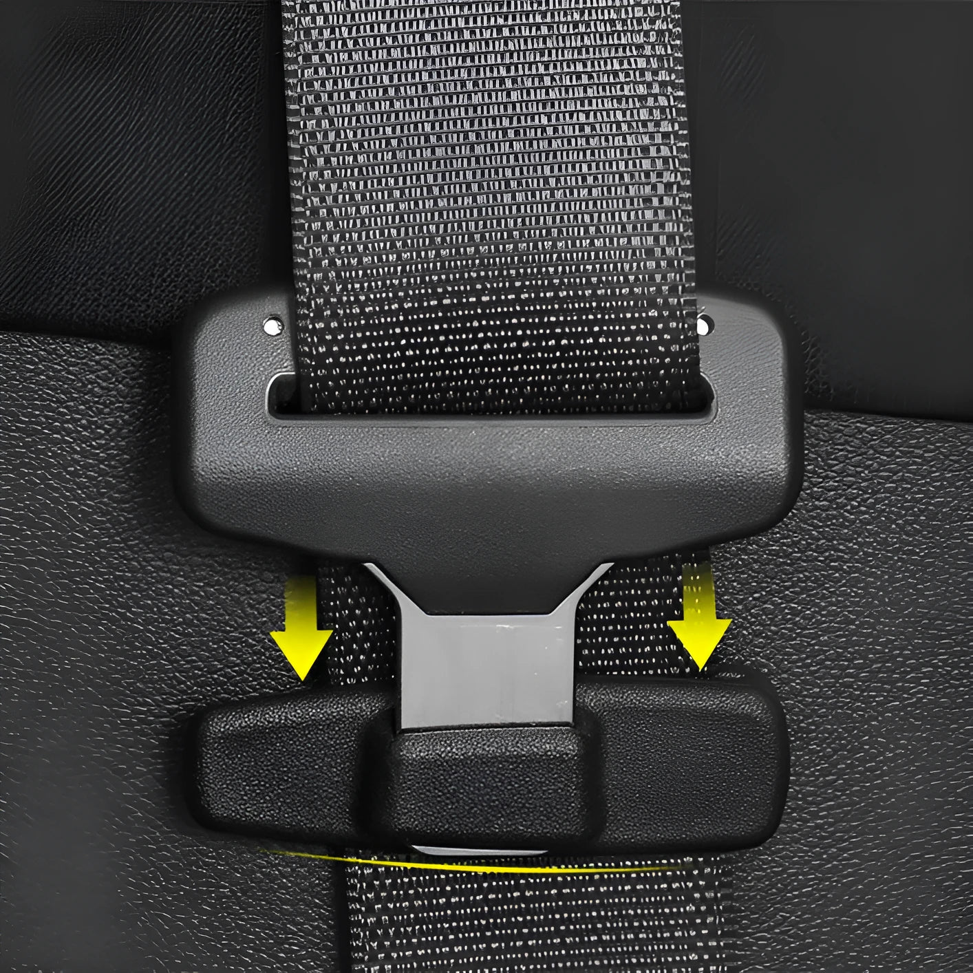 Two black ABS plastic car seatbelt stopper clips on clear OPP packaging.