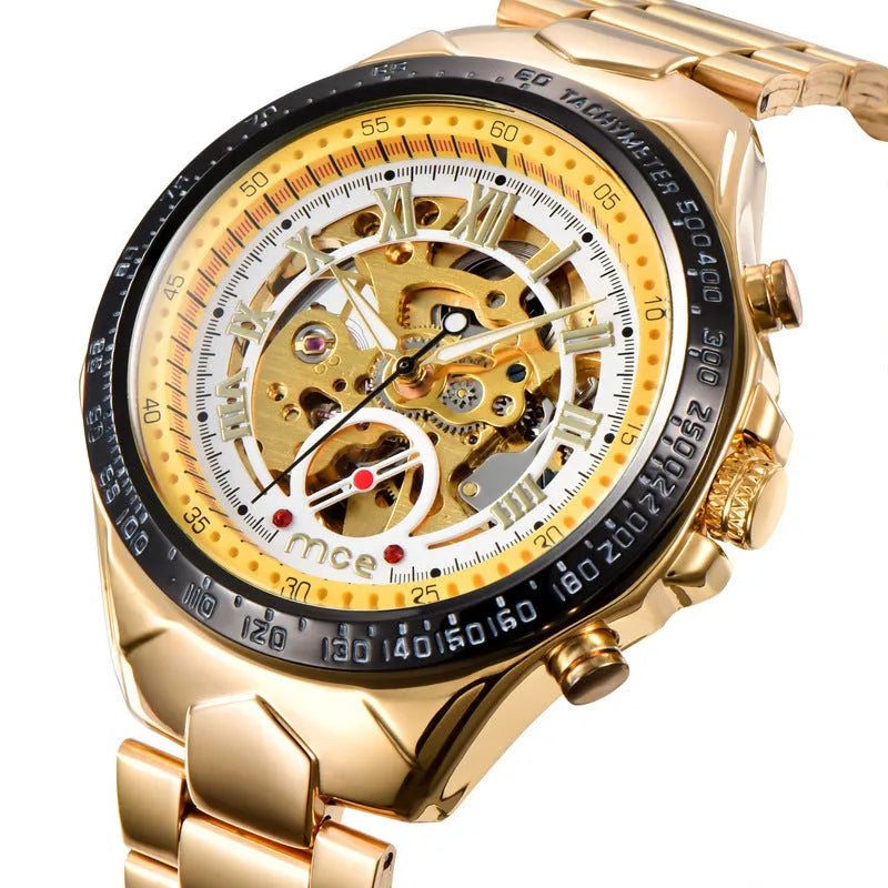 MCE men's explosion-proof mechanical watch on wrist, showing clear dial and robust case.