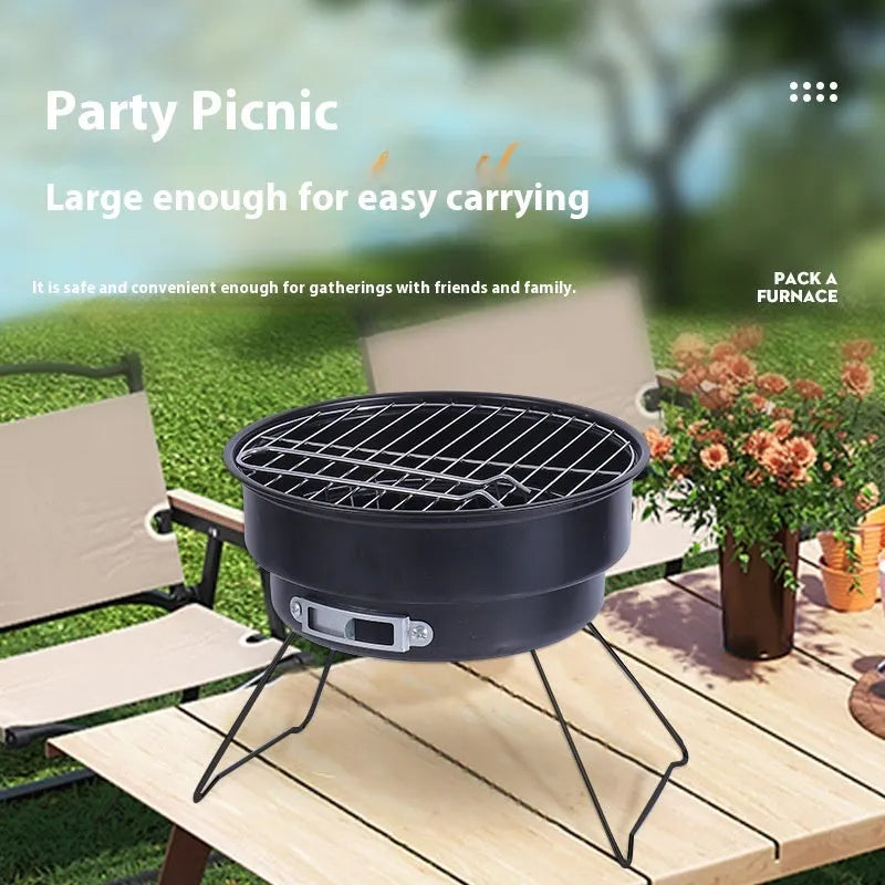 Small round folding ice stove with grill mesh, furnace leg, barbecue grill and carbon clip components for 1-2 person outdoor cooking