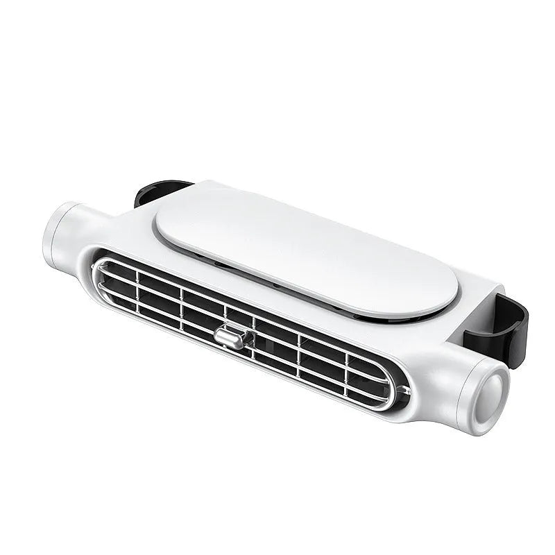 A compact USB plug-in car fan with velcro strips, shown in black, white, and beige colour options.