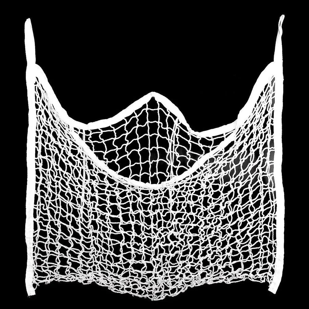 Black woven PE rope grid feeding bag hung on a fence, suitable for horses and cattle.