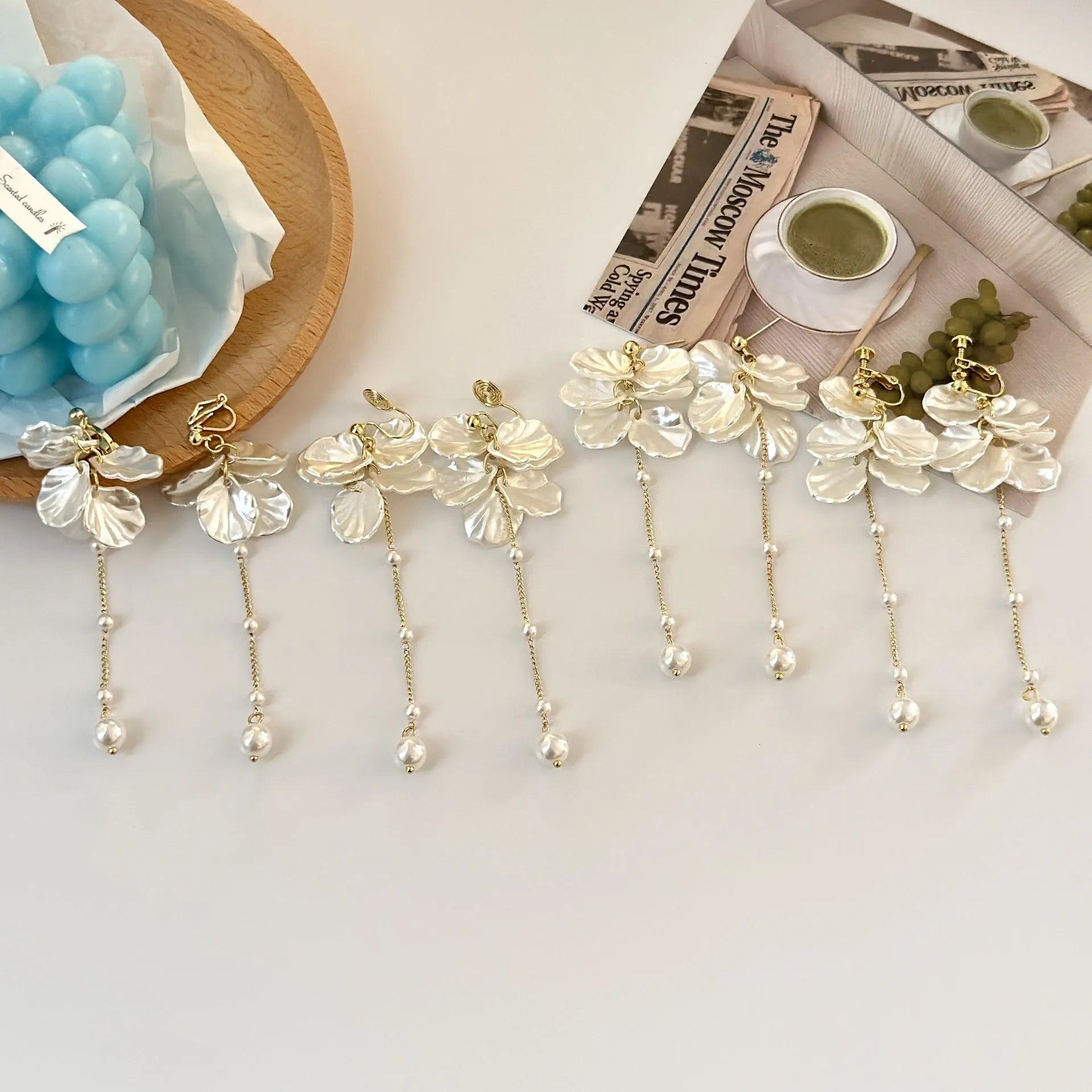 Acrylic shell pearl tassel earrings with 8.8cm length and multiple clip styles