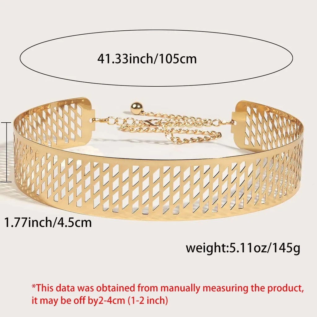 Gold punk waist chain belt with alloy buckle, 105cm long and 4.5cm wide.