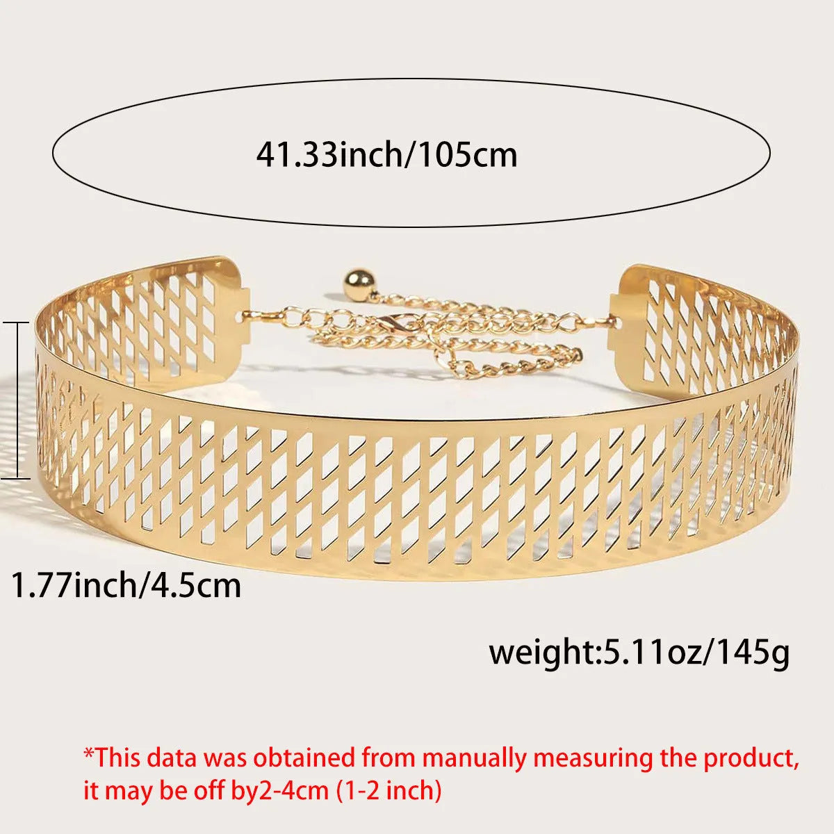 Gold punk waist chain belt with alloy buckle, 105cm long and 4.5cm wide.