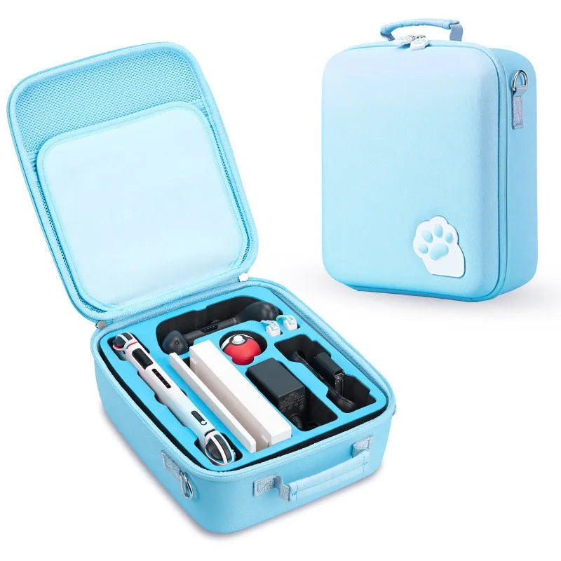 Nintendo Switch storage bag with cat claw design and shoulder strap holding game cartridges