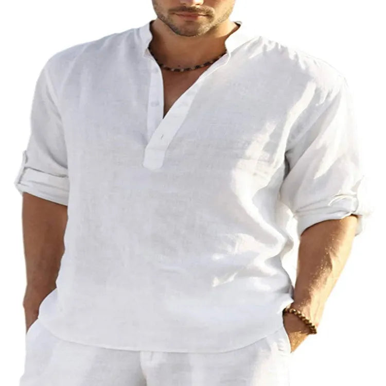 Men's slim-fit stand collar shirt in cotton-linen blend, shown in light blue, with button front and long sleeves.