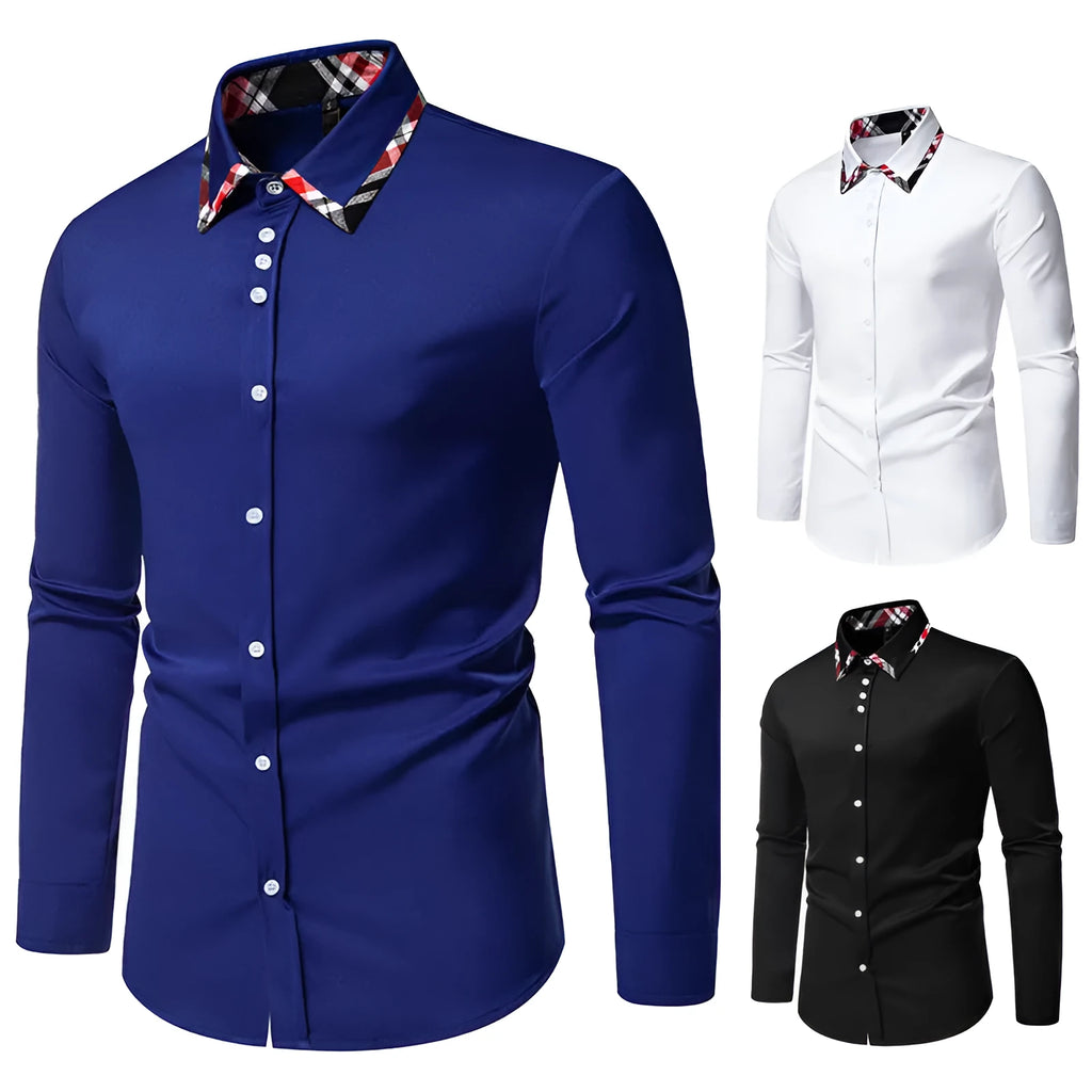 Men's long sleeve plaid shirt with triangle collar in blue, black, or white colour options.