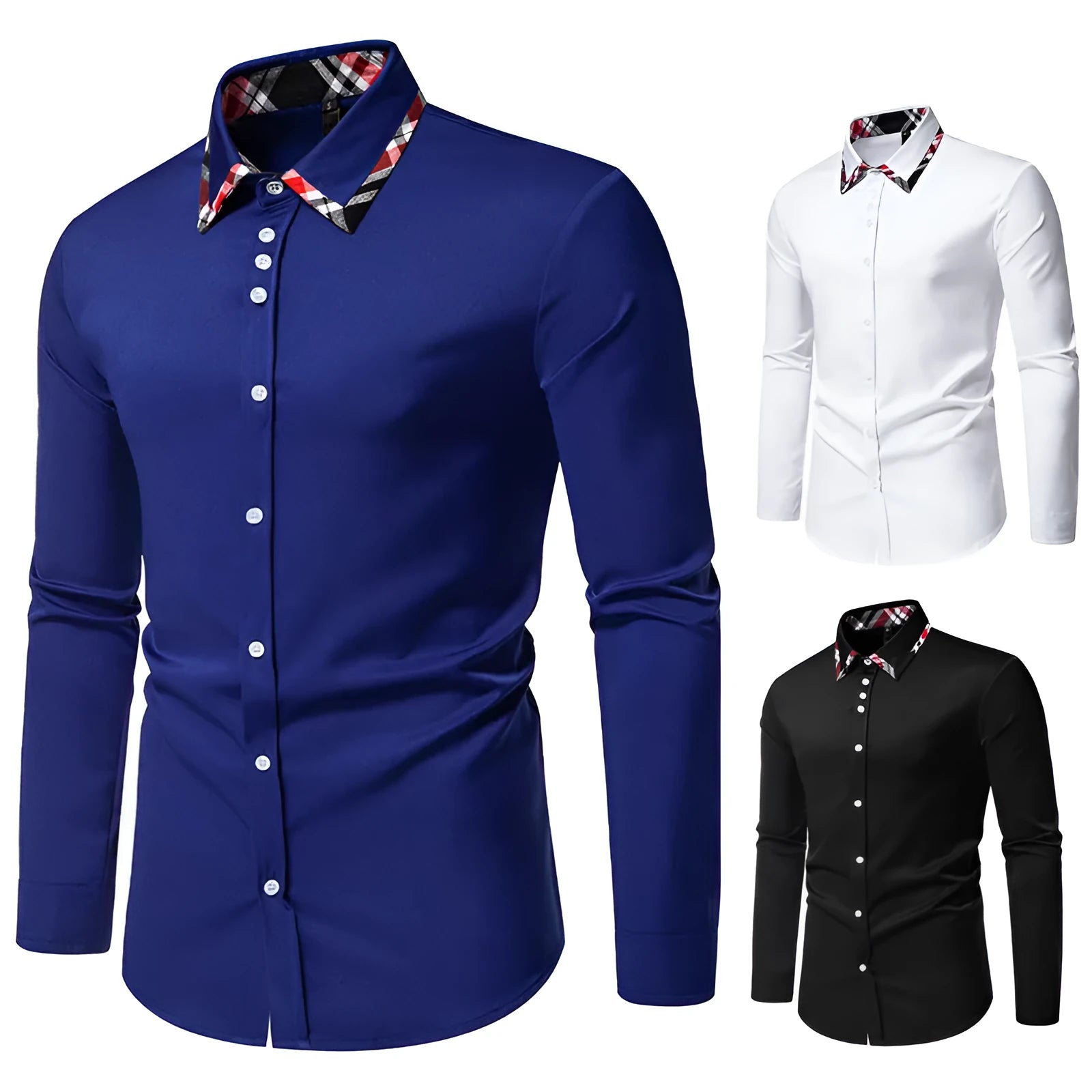 Men's long sleeve plaid shirt with triangle collar in blue, black, or white colour options.