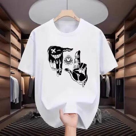 Men's grey bird eye mesh T-shirt with a cartoon digital print, showing round neck and short sleeves.