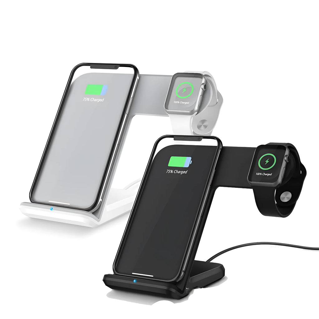 Black and white wireless phone charger with compact design and Type-C cable