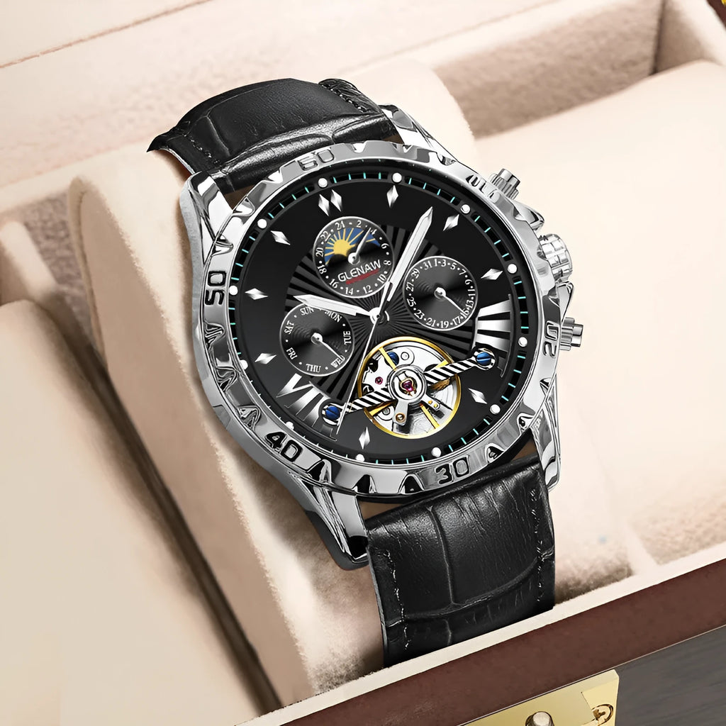 Men's automatic mechanical watch with hollowed-out skeleton dial, silver case, green circle, black leather strap