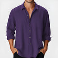 Men's loose-fit beach shirt with stand collar and long sleeves in polyester fabric