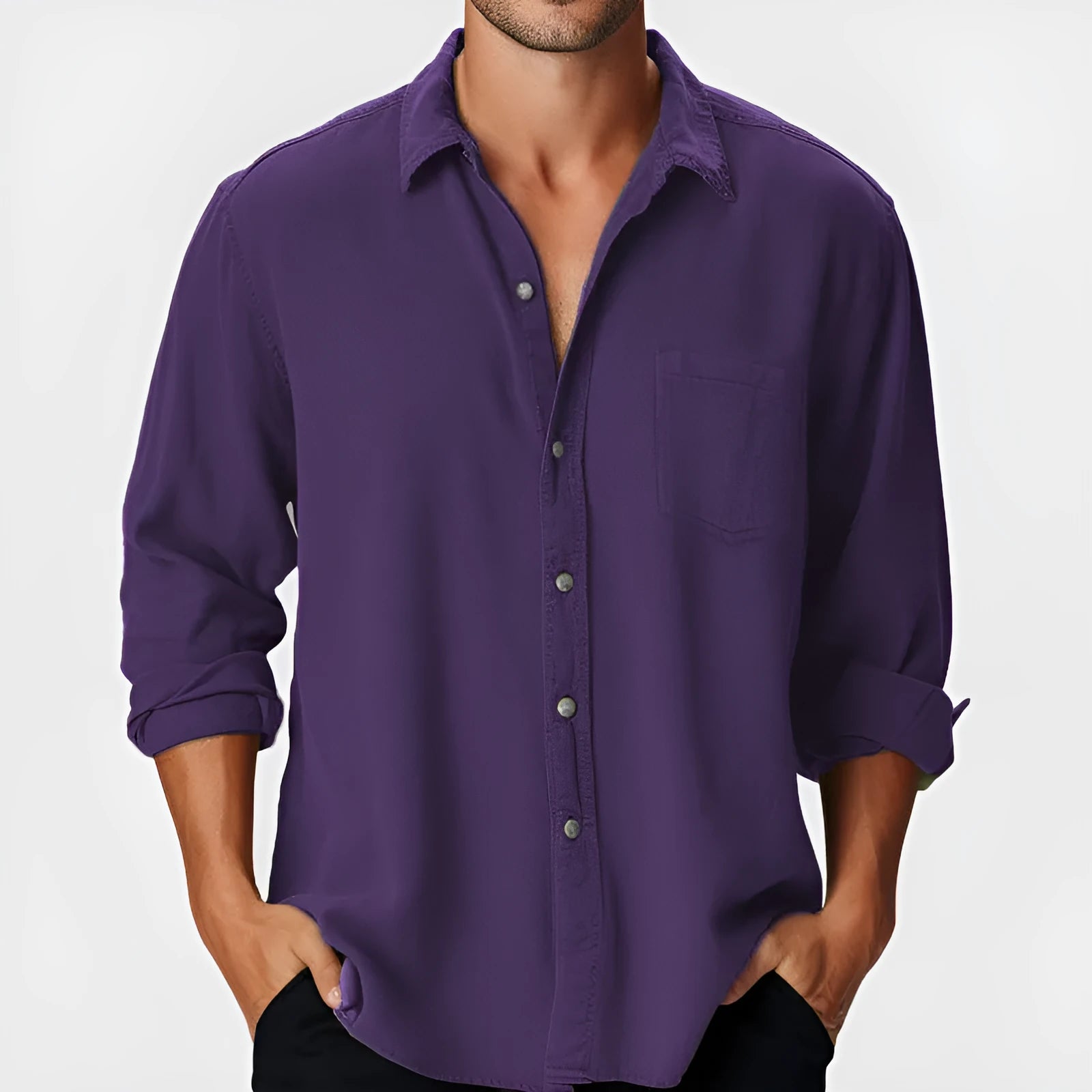 Men's loose-fit beach shirt with stand collar and long sleeves in polyester fabric