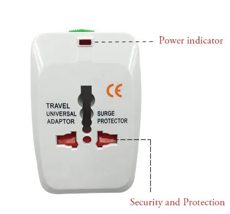 Universal multi-country travel plug adapter for mobile phone charging measuring 73x50x39mm