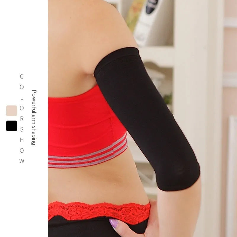 Women's free size shaping arm sleeves in black and skin colour options, made from nylon fabric.