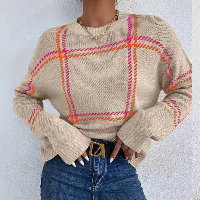 Women's loose-fit plaid colour-block acrylic sweater in multiple colour options