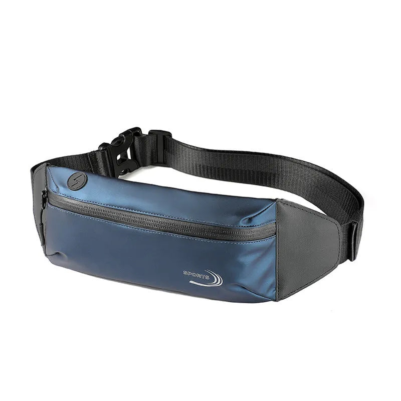 Men's black waterproof sports waist bag with adjustable strap, shown with dimensions 45cm by 10cm.