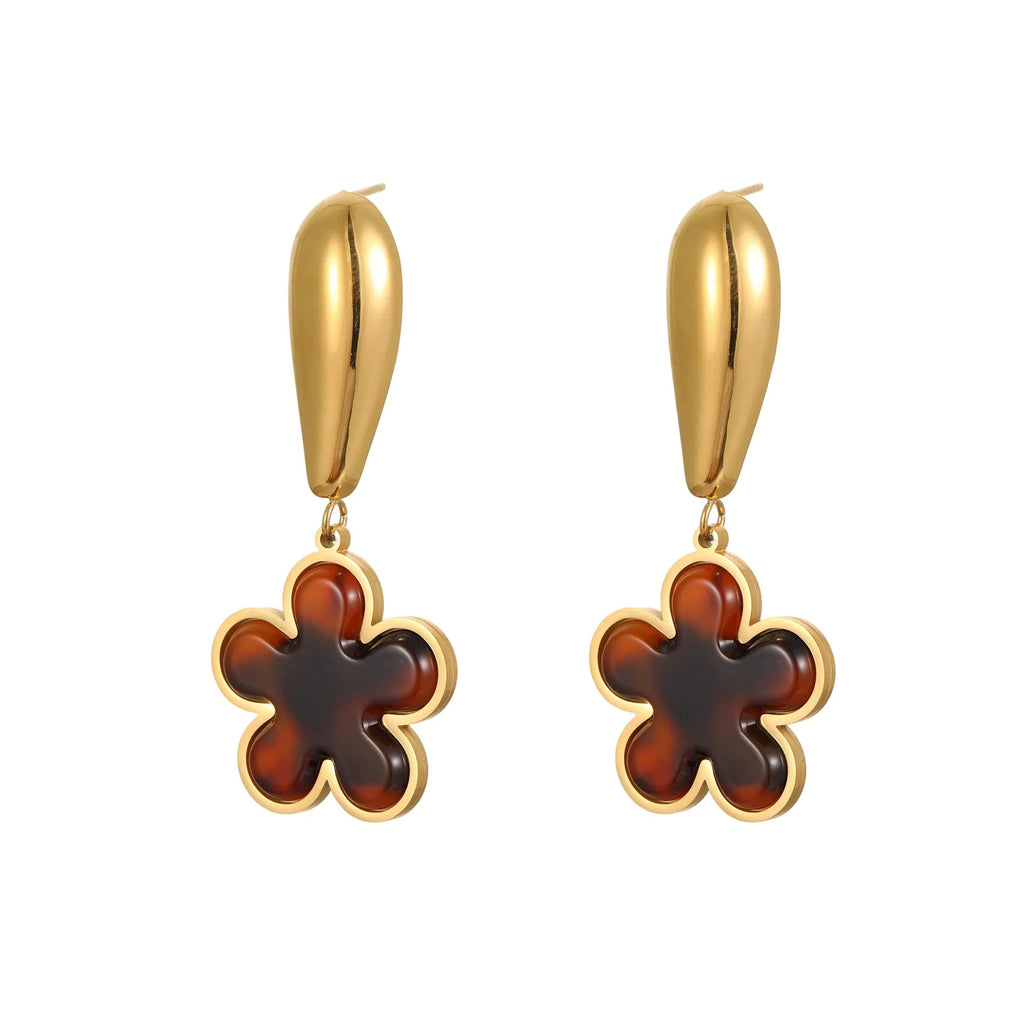 Women's stainless steel earrings with tortoiseshell resin hawksbill colour electroplating in heart and flower designs