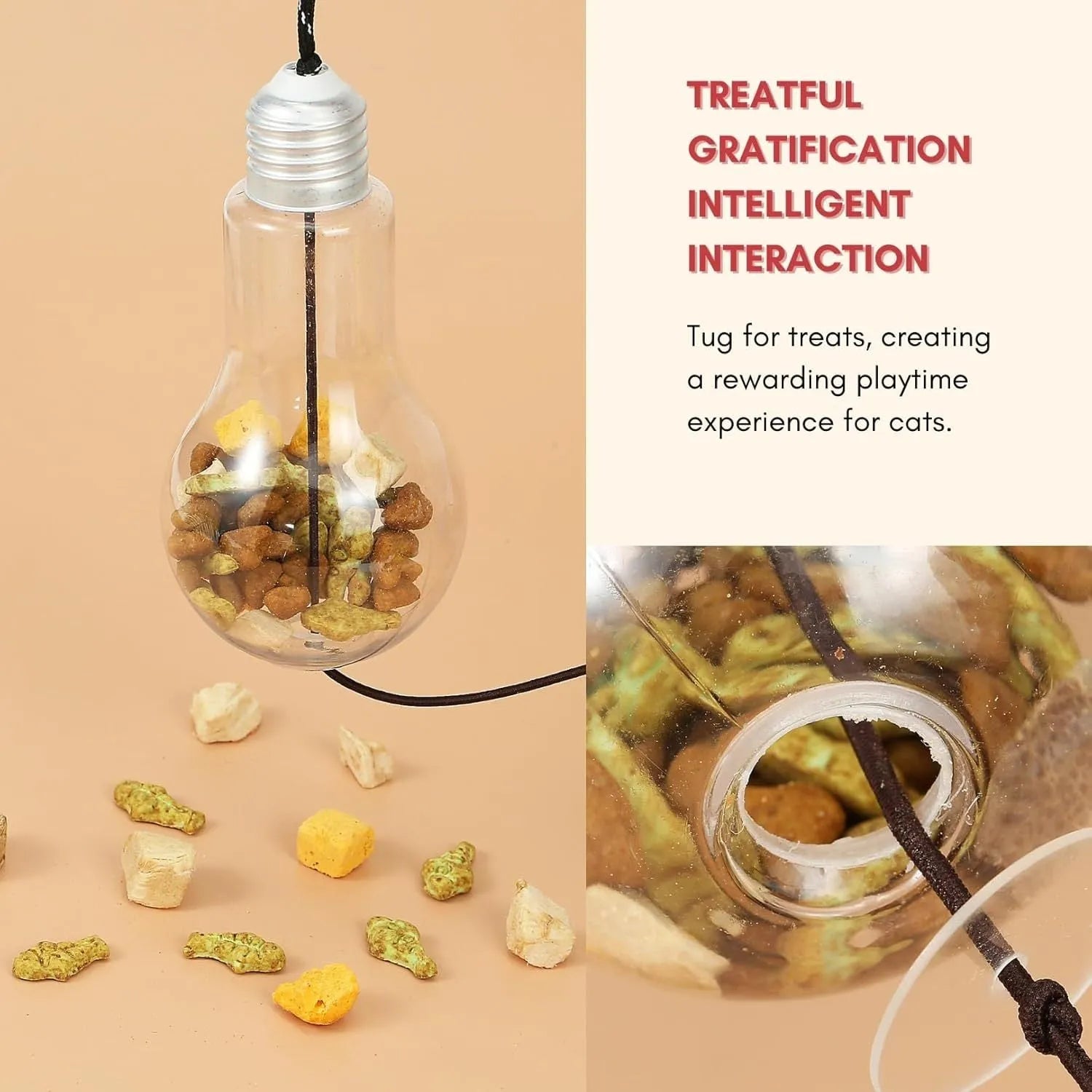 Grey and yellow interactive cat toy with retractable elastic rope, dangling mouse toy, and treat dispenser bulb