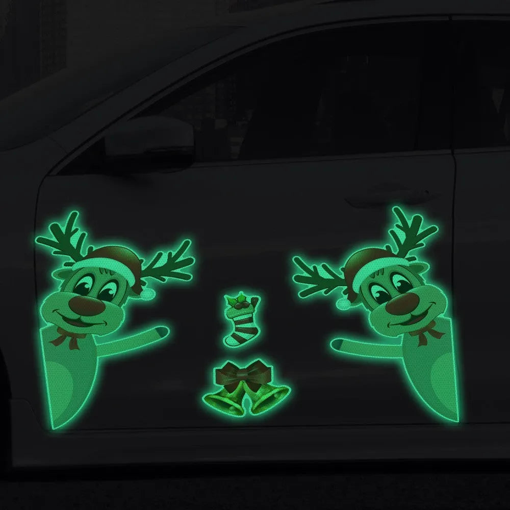 Christmas cartoon elk and bell magnetic car bumper stickers with luminous reflective surfaces