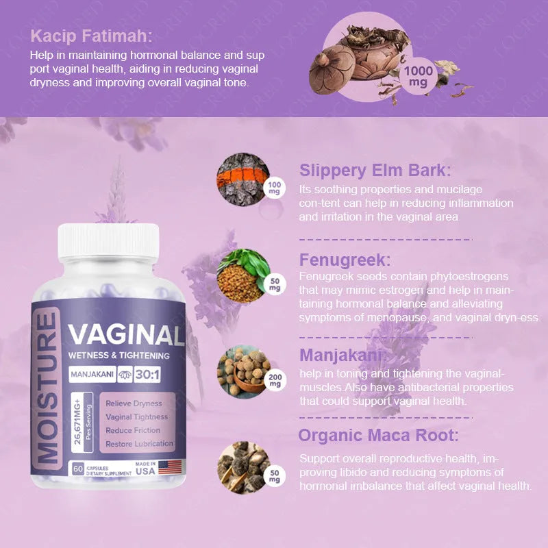Bottle containing 60 vaginal capsules with botanical extract formulation for adult feminine care
