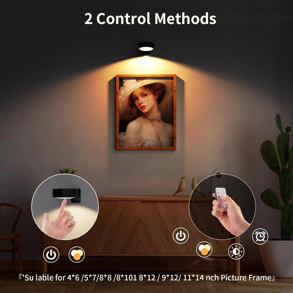 Wireless magnetic LED painting light in black, mounted on wall with remote control.