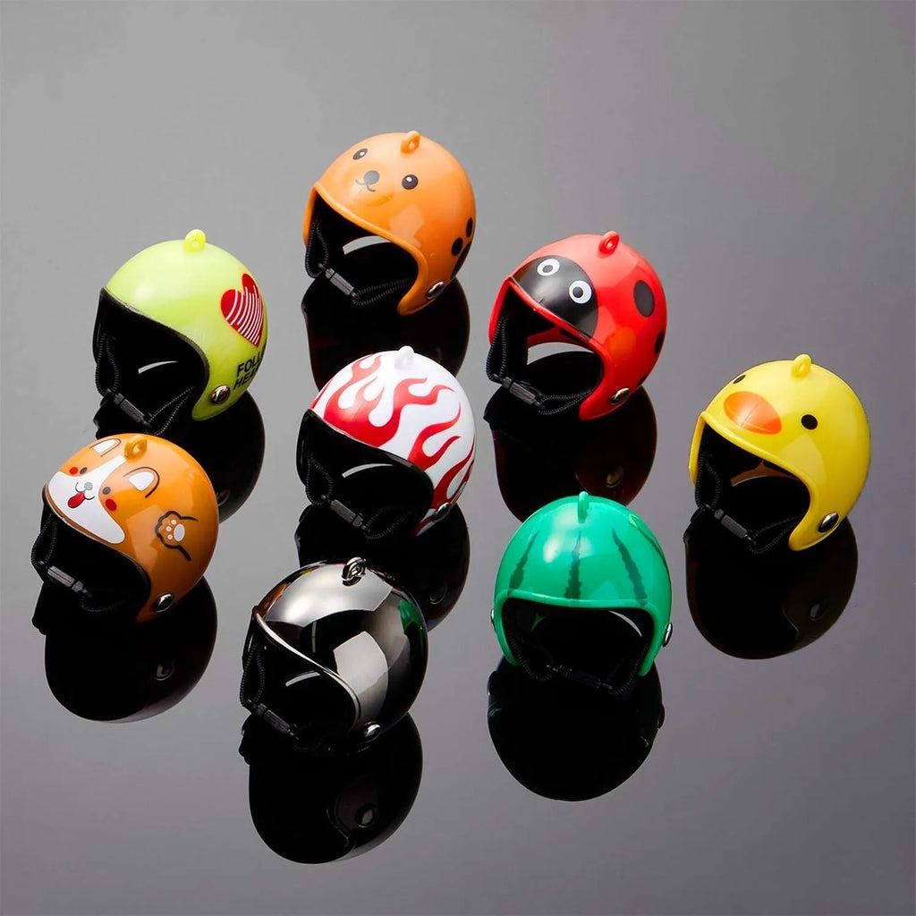 Small plastic pet helmet with elastic bands for chickens and birds on measurement background