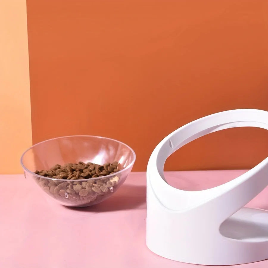 White elevated plastic cat food bowl with ergonomic tilt and anti-vomit design