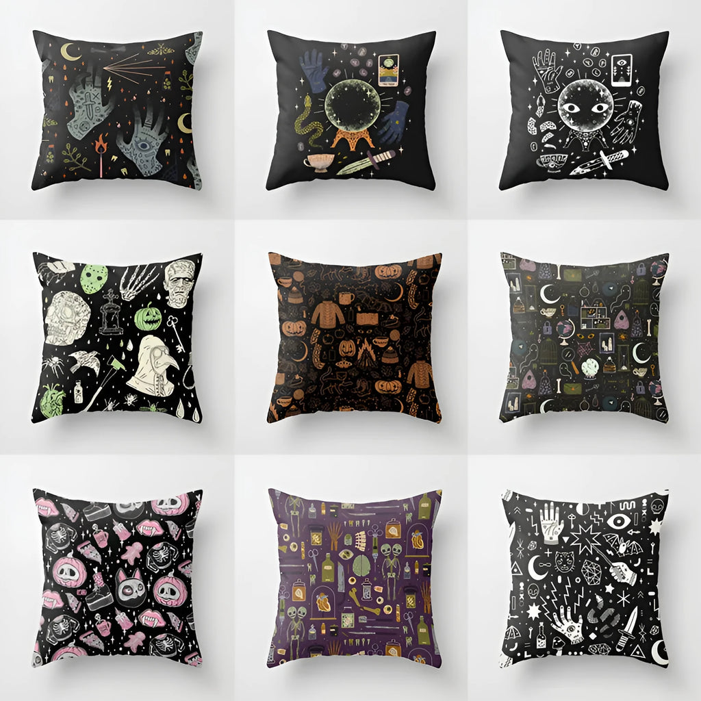 Halloween cartoon anime pillowcase in peach skin fabric 45x45cm with spooky print on sofa