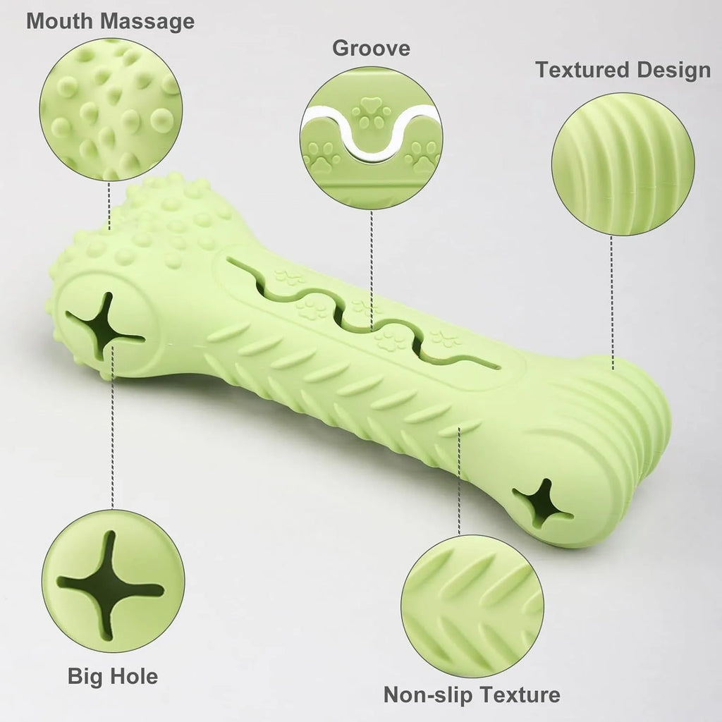 Bone-shaped natural rubber dog chew toy in blue green orange colours