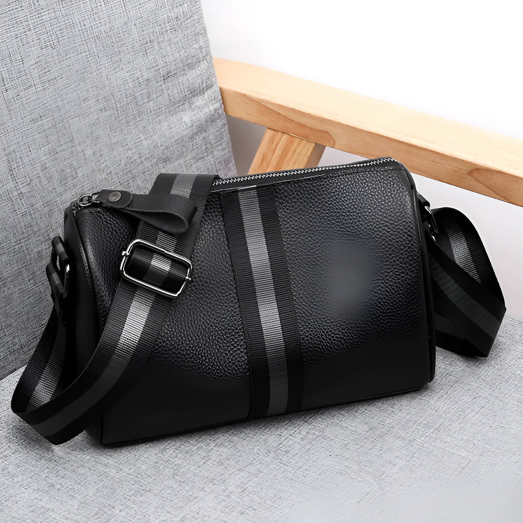 Black genuine leather one-shoulder crossbody bag with large capacity dimensions
