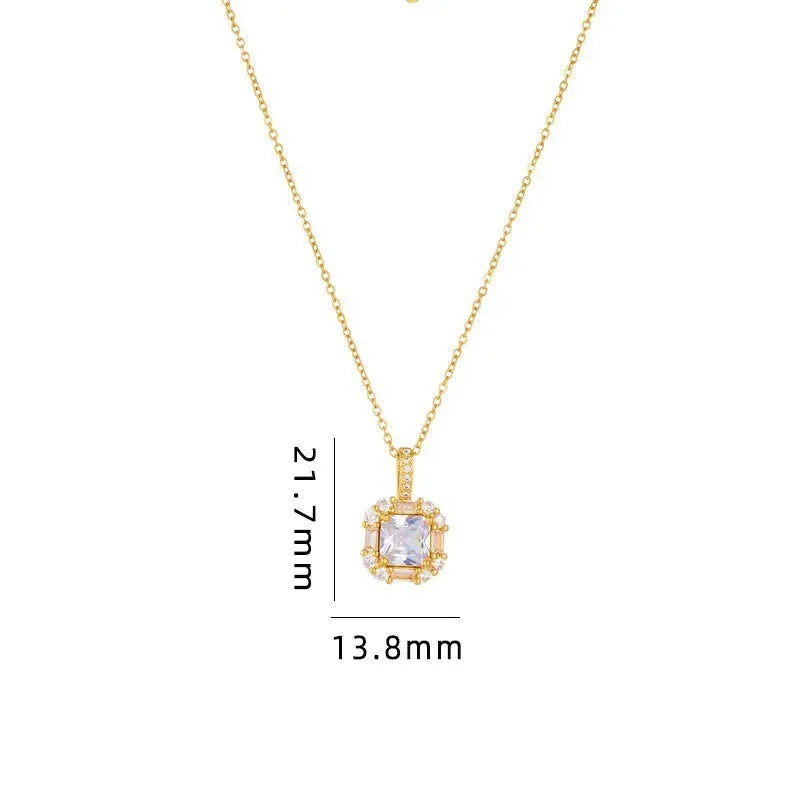 Women's titanium steel clavicle chain with geometric zircon and gem inlaid pendant in gold