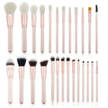 26 piece pink wooden handle makeup brush set in a PU travel bag