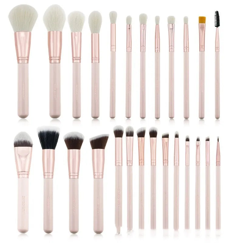 26 piece pink wooden handle makeup brush set in a PU travel bag