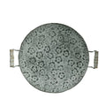 Round wrought iron belt-style storage tray shown in two available sizes.