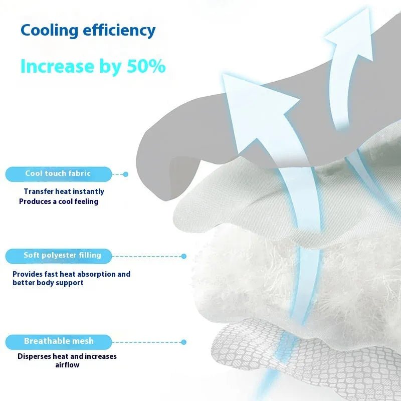 Ice silk pet cooling mat for dogs in a simple dog head shape, shown in a light grey colour on a wooden floor.