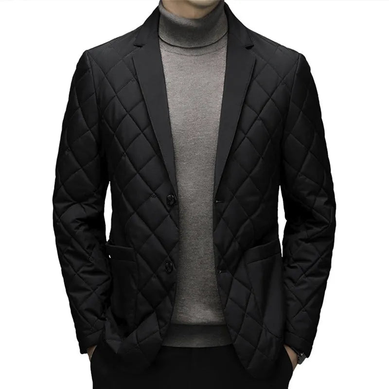 Men's black down jacket with cardigan lapel and side seam pockets