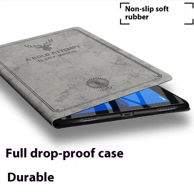 Soft TPU leather iPad clamshell case with a deer pattern, shown in various colour options.