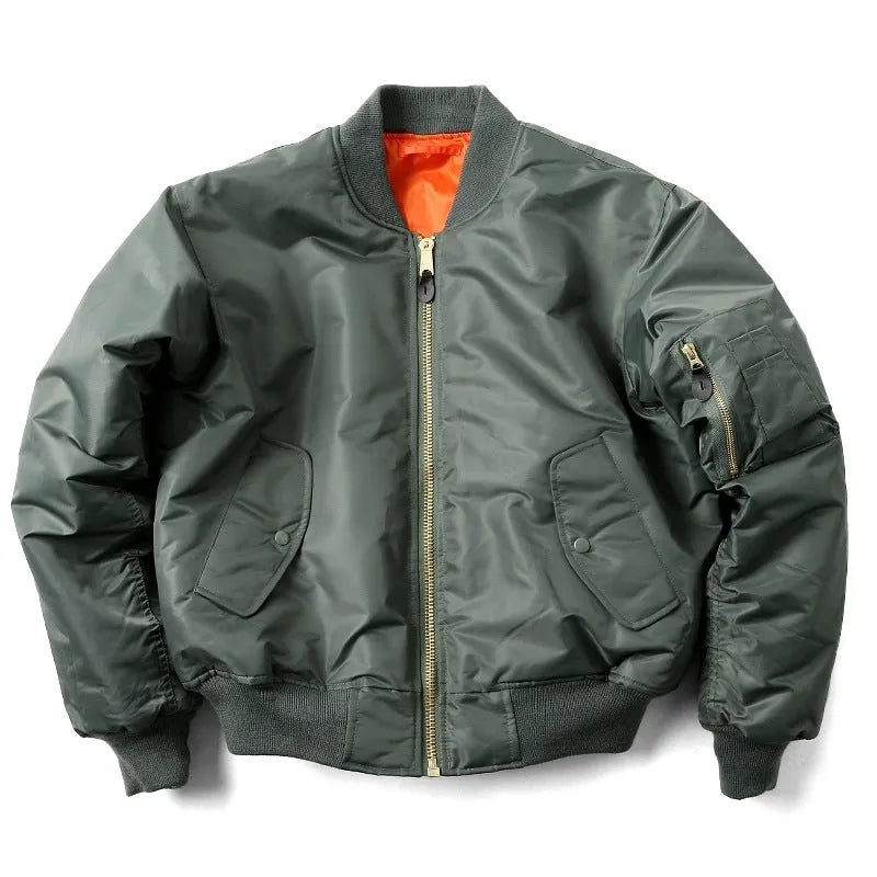 Men's reversible pilot-style cotton padded jacket in Army Green, showing loose fit and double-sided design