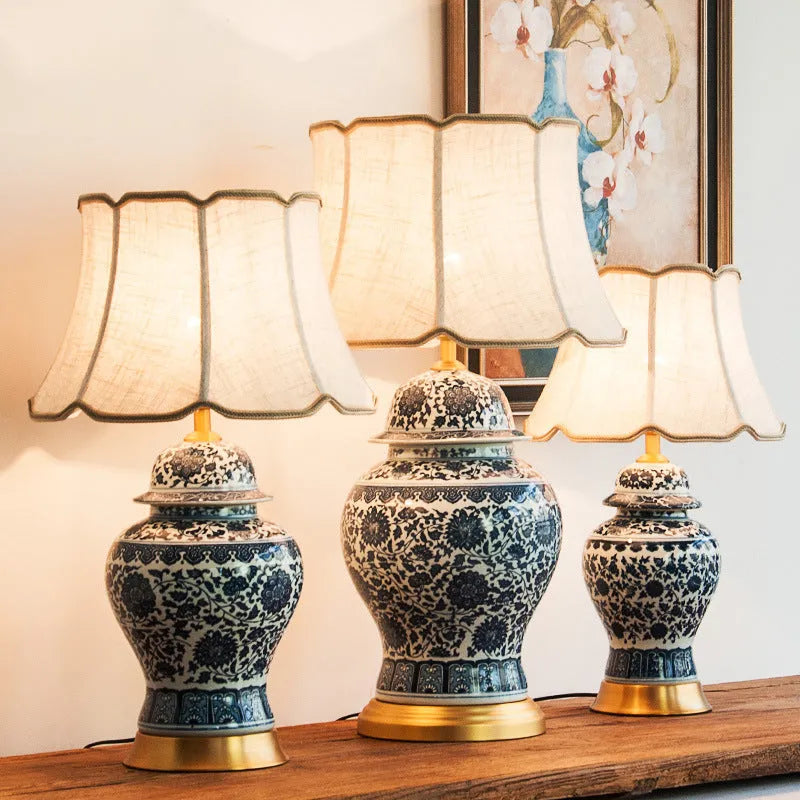 Blue and white porcelain Chinese table lamp with ceramic base and cloth shade